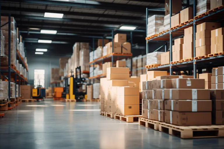 Retail warehouse full of shelves with goods in cartons, with pallets and forklifts. These places are common grounds for pest infestations, but the team at McCloud Services can help.