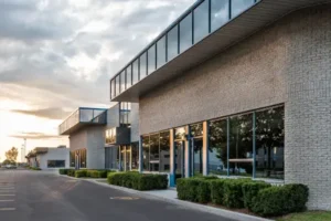 Exterior of a commercial building. McCloud Services offers eco-friendly pest control for your business using integrated pest management strategies.