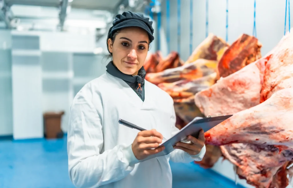 female butcher making quality report