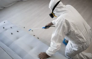 Pest control exterminator in white protective suit