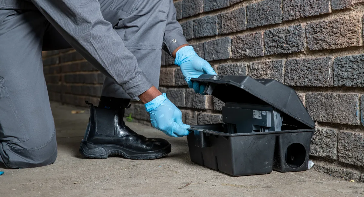 A technician installing a PestConnect Dual Autogate Connect